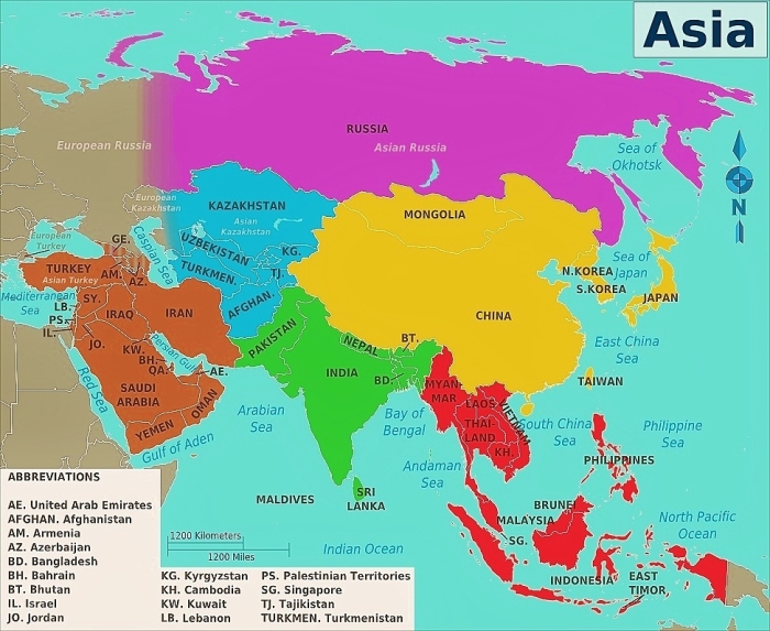 Map of Asia with division into regions.