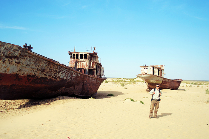 Boats on the sand in Moynaq (Uzbekistan), at the bottom of the former Aral Sea.