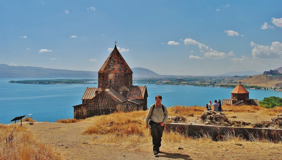 On the island in Lake Sevan, and in the background with the church of Sevanavank. Armenia.