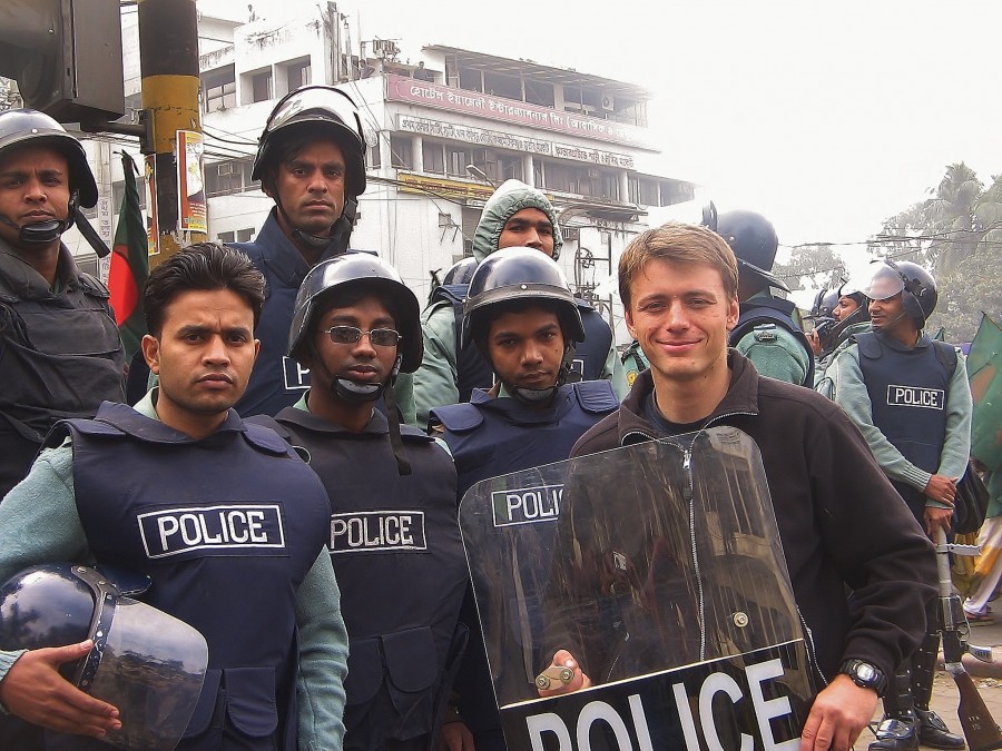 With policemen in Dhaka. Bangladesh.