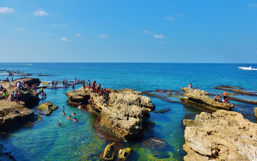 Rock formations and a place for swimming by the Mediterranean Sea. It is probably the most enjoyable place in Beirut. Lebanon.