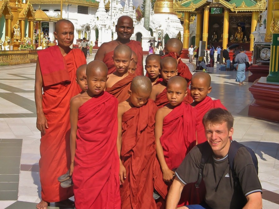 With Buddhist monks. Burma (Myanmar).